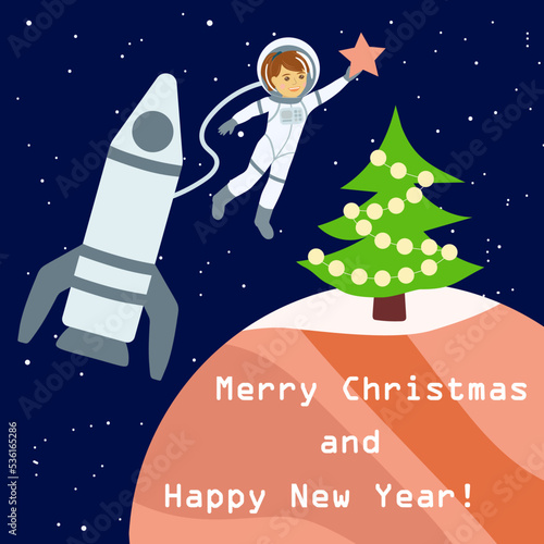 Astronaut girl decorates the Christmas tree on Mars.