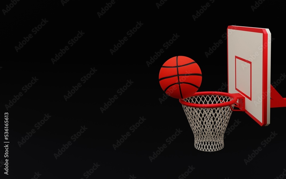 3D illustration, close up of the orange ball, on the net of hoops, basketball, concept of success, triumph, black background, 3D rendering.