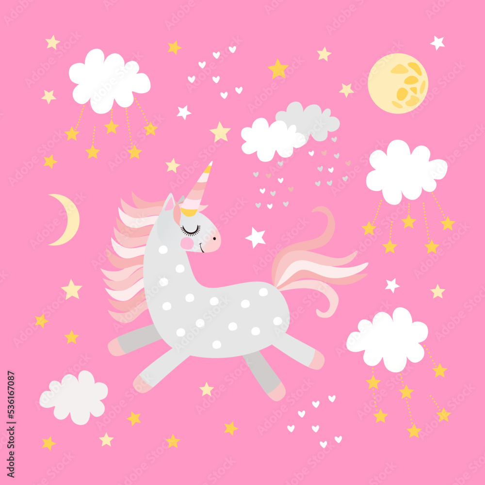 Square card with cute unicorn, moon, clouds and stars on pink background Square card with cute unicorn, moon, clouds and stars on pink background