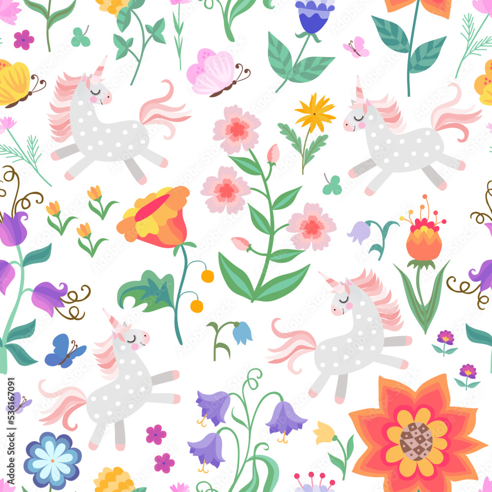 Fairytale seamless pattern. Cute unicorns and butterflies among flowers. Colorful vector illustration. Fairytale seamless pattern. Cute unicorns and butterflies among flowers. Colorful vector illustration.
