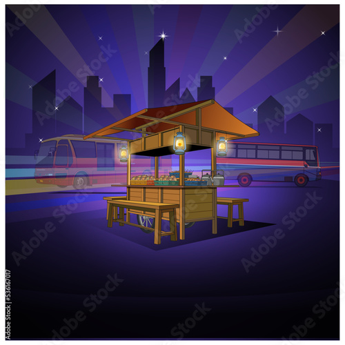Vector illustration, Angkringan place to sell a variety of food, drinks at affordable prices, with a night atmosphere in the corner of the city.
