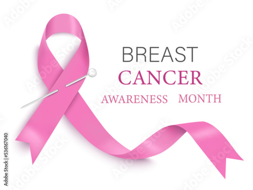 Vector illustration of a Pink Realistic breast cancer Ribbon with a loop and text on a white background. A symbol of breast cancer awareness. Design for the poster, Banner of the Awareness Month
