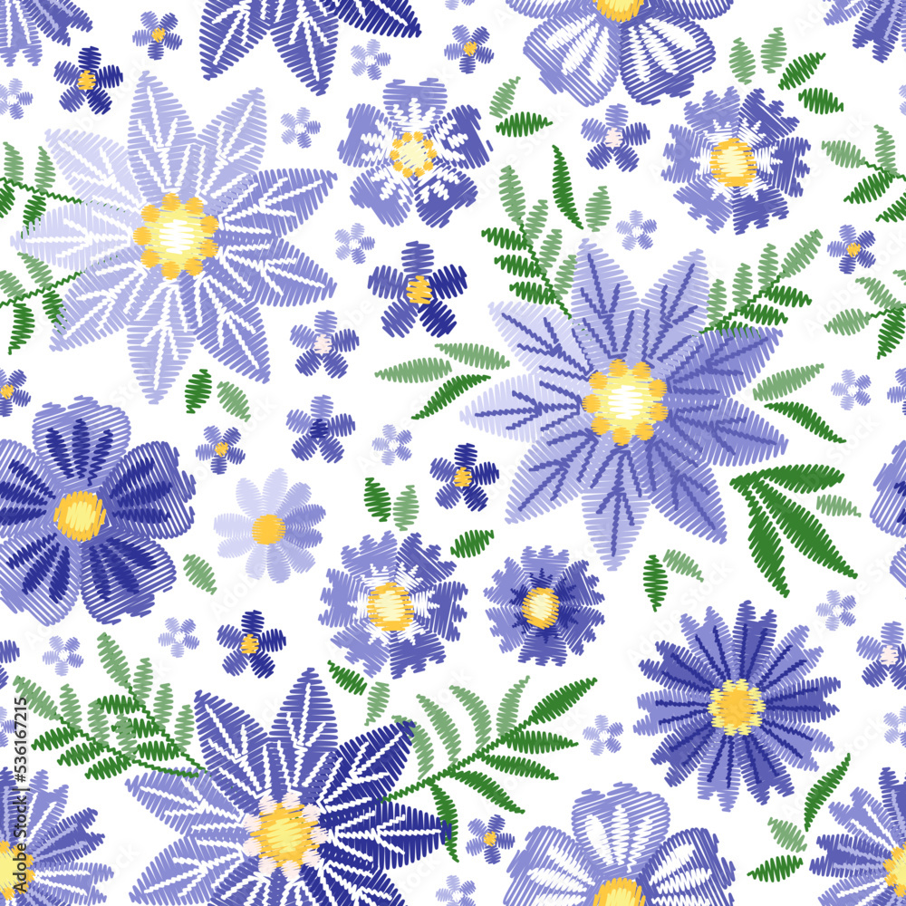 Beautiful embroidery with flowers and leaves on white background. Vector seamless pattern. Satin stitch. Beautiful embroidery with flowers and leaves on white background. Vector seamless pattern. Satin stitch.