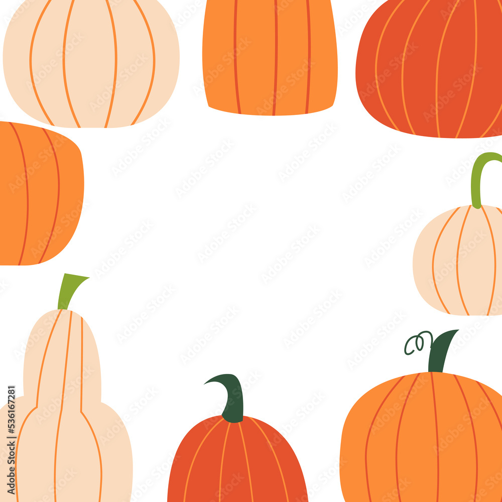 Frame with cute autumn pumpkins. Halloween poster template. Vector flat illustration