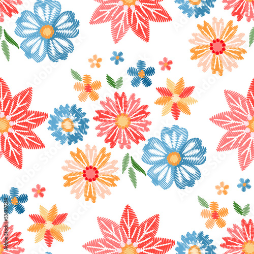 Simple seamless pattern with colorful embroidered flowers on white background