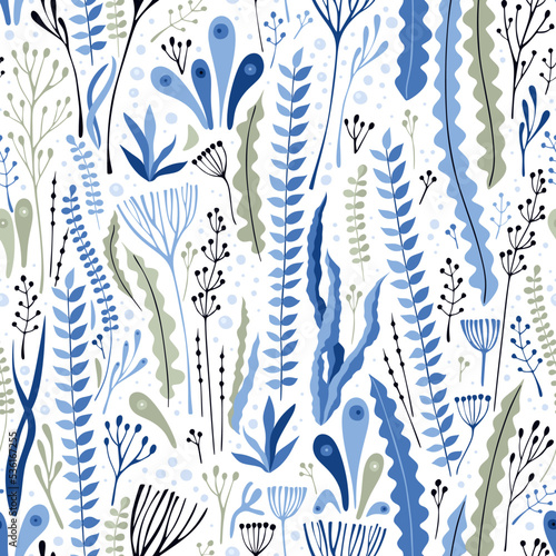 Seamless pattern with different seaweeds. Vector design for fabric print with underwater plants