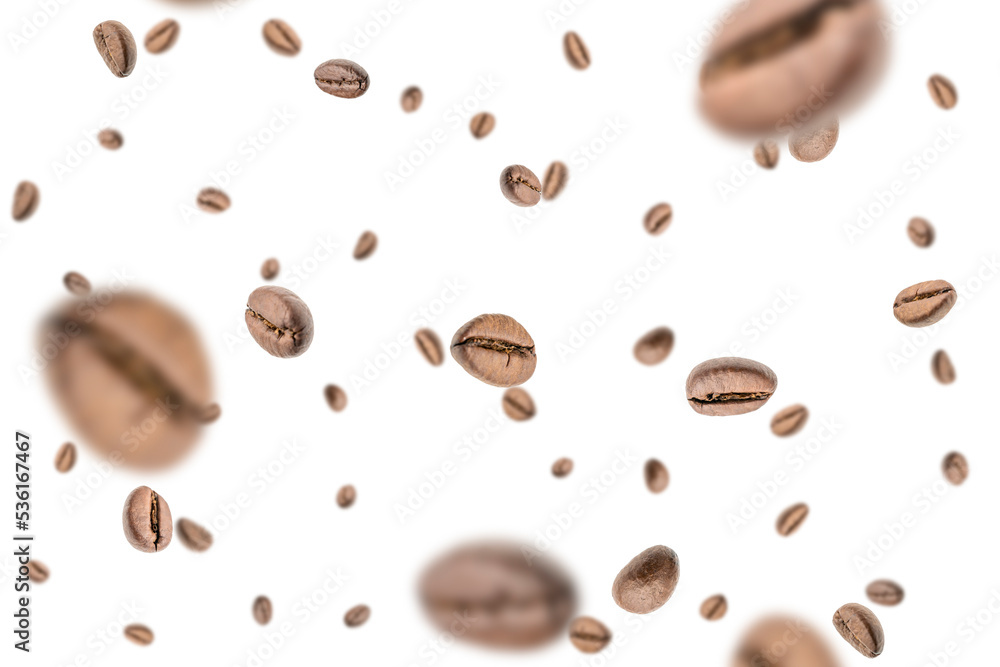 Coffee beans falling background. Black espresso coffee bean flying. Aromatic grain fall isolated on white. Represent breakfast for energy and freshness concept. Coffee beans falling background. Black espresso coffee bean flying. Aromatic grain fall isolated on white. Represent breakfast for energy and freshness concept.