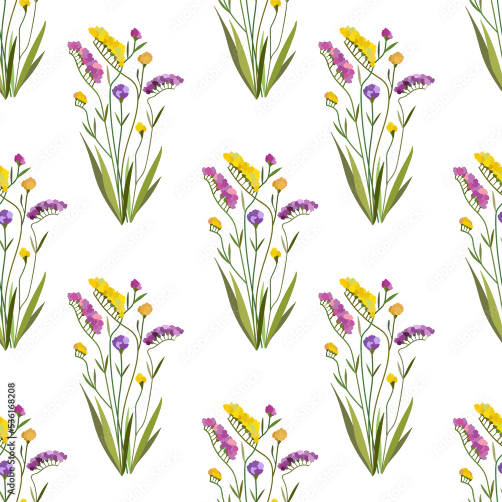 Bright bouquets of statica flowers. Floral seamless pattern with limonium on the white background. Summer dried flowers. Bright bouquets of statica flowers. Floral seamless pattern with limonium on the white background. Summer dried flowers.