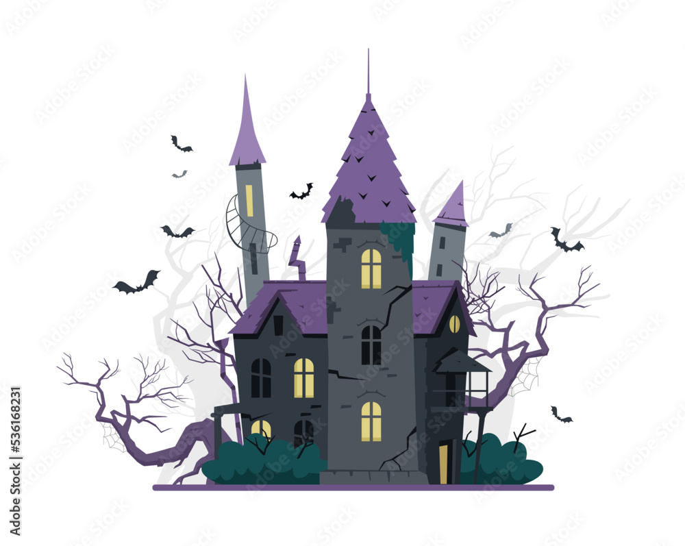 Creepy old castle with bats flying around Halloween vector illustration.