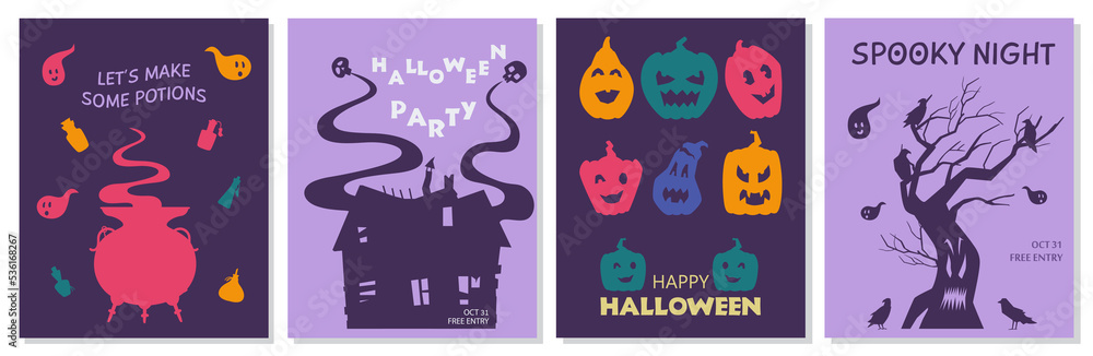 Halloween party invitations and greeting cards vector set.