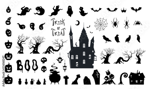 Halloween black silhouette illustrations big vector set. Castle  spooky trees  plants  bats  potions  ghosts  pumpkins  spiders  lettering etc.