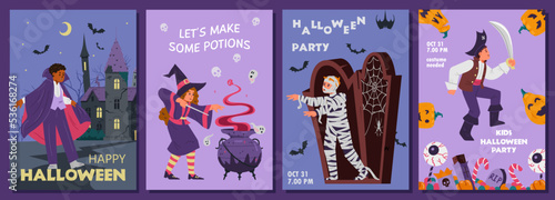 Halloween kids party invitation cards vector set. Children in different costumes  Halloween decorations illustrations.