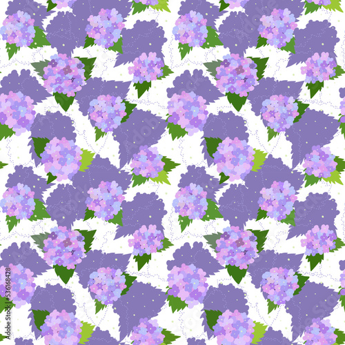 Fancy pattern with hydrangea flowers in lilac tones. Floral seamless pattern with leaves and flowers. © Kolerowa