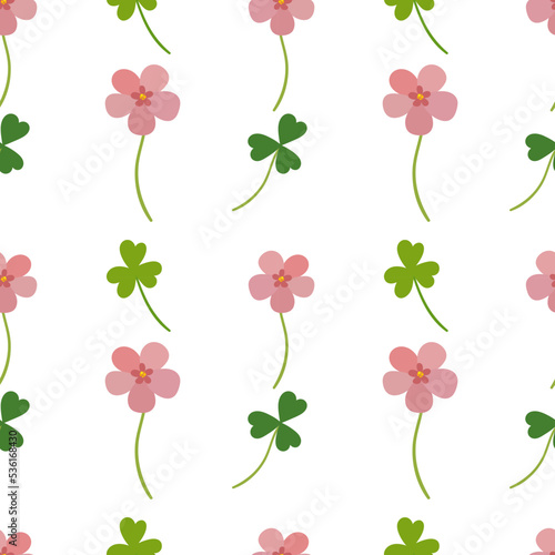 Cute oxalis flowers. Simple floral seamless pattern on the white background. 