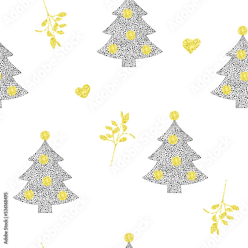 Christmas seamless pattern with Christmas tree, stars, ornaments, mistletoe and hearts. Gold glitter. Prints, packaging template, wrapping paper, textile, bedding and wallpaper.