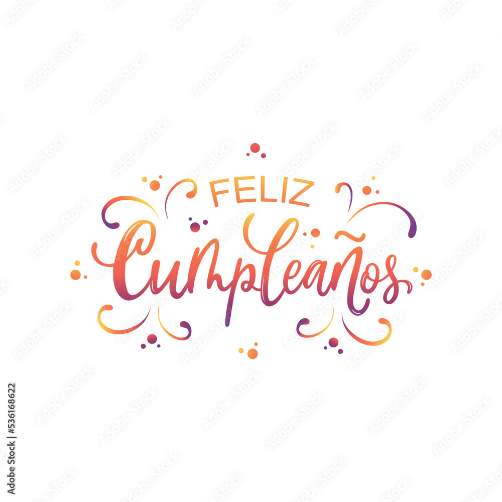 Obraz premium Feliz Cumpleanos - Happy Birthday in spanish. Hand lettering with colorful stars isolated on white background. Vector illustration for postcard, greeting card, invitation. Modern brush calligraphy