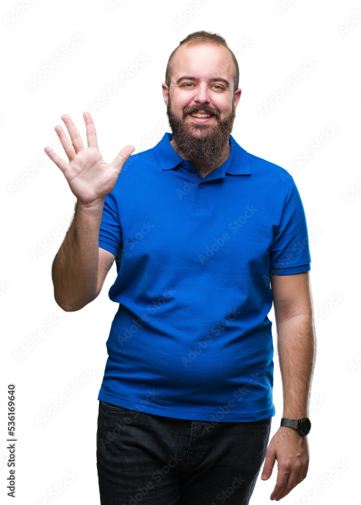 Young caucasian hipster man wearing blue shirt over isolated background showing and pointing up with fingers number five while smiling confident and happy. Young caucasian hipster man wearing blue shirt over isolated background showing and pointing up with fingers number five while smiling confident and happy.