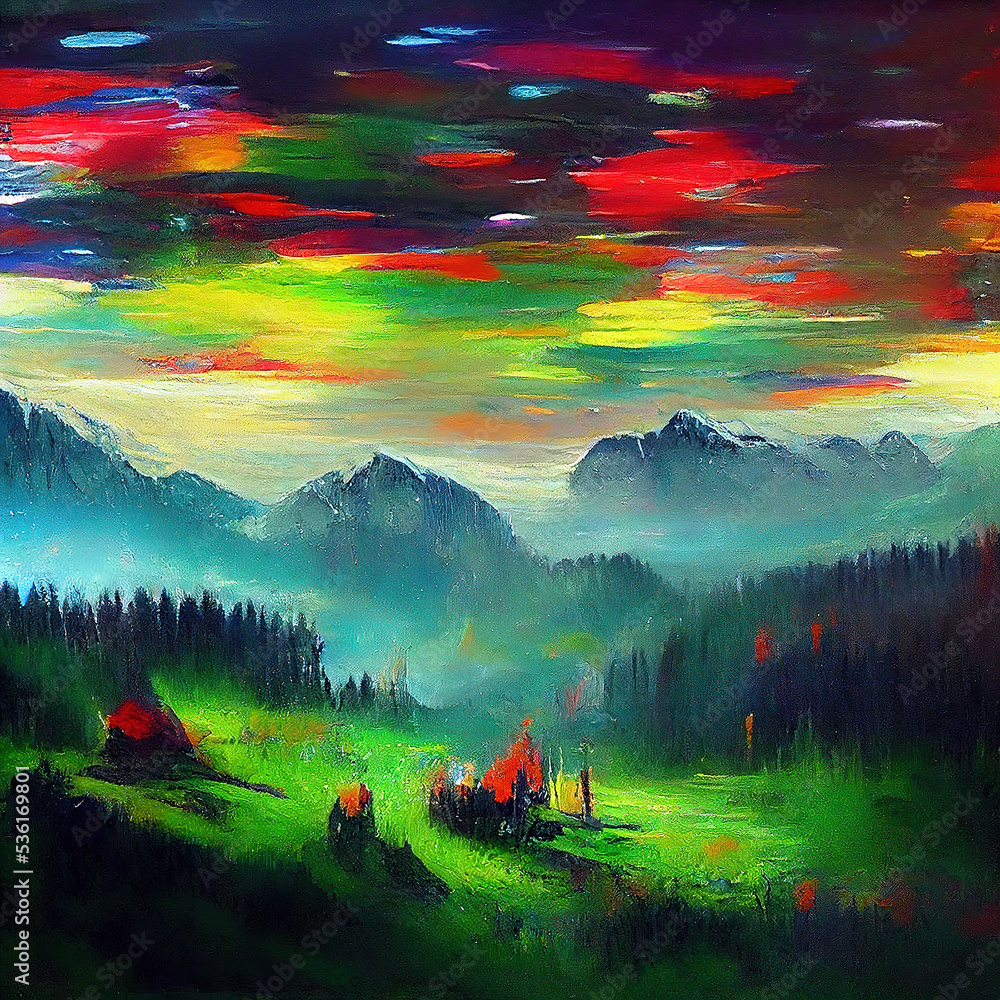 Fototapeta premium Mountain landscape under a colorful sky abstraction. Mountains in the style of impressionism. Imitation of oil painting. Interior painting. Digital illustration.