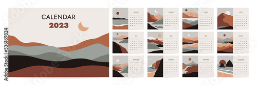 Calendar 2023 year. Abstract mountain boho landscapes horizontal monthly planner, minimalist diary template. Vector set
