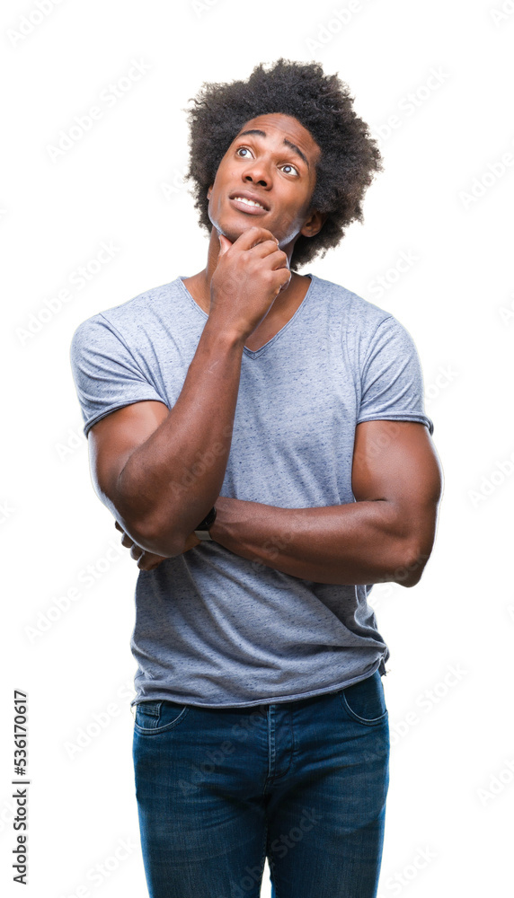 Afro american man over isolated background with hand on chin thinking about question, pensive expression. Smiling with thoughtful face. Doubt concept. Afro american man over isolated background with hand on chin thinking about question, pensive expression. Smiling with thoughtful face. Doubt concept.