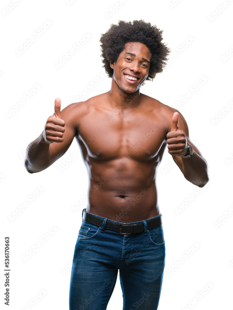 Afro american shirtless man showing nude body over isolated background success sign doing positive gesture with hand, thumbs up smiling and happy. Looking at the camera with cheerful expression