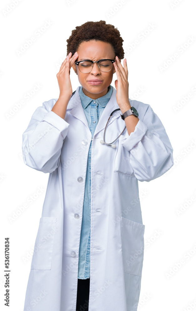 Young african american doctor woman wearing medical coat over isolated background with hand on head for pain in head because stress. Suffering migraine. Young african american doctor woman wearing medical coat over isolated background with hand on head for pain in head because stress. Suffering migraine.