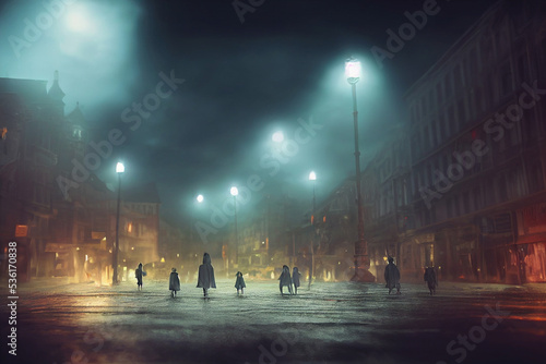 Scary night street scene with ghosts. Ai generated art