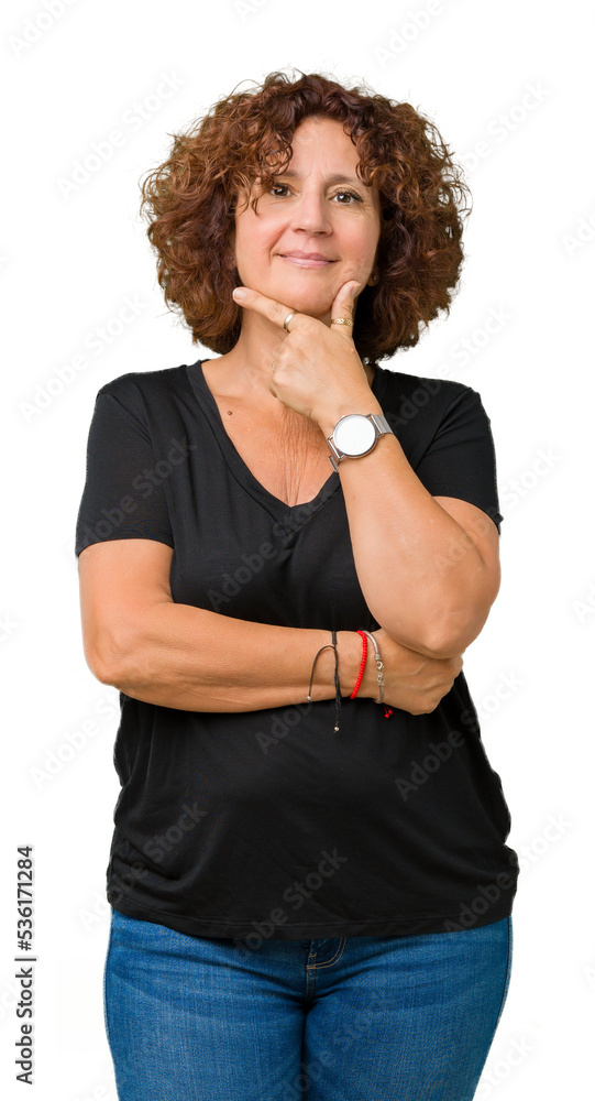 Beautiful middle ager senior woman over isolated background looking confident at the camera with smile with crossed arms and hand raised on chin. Thinking positive. Beautiful middle ager senior woman over isolated background looking confident at the camera with smile with crossed arms and hand raised on chin. Thinking positive.