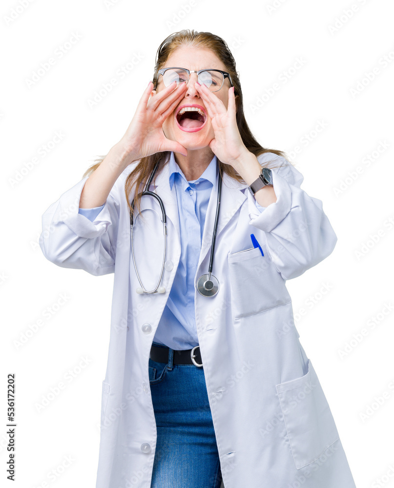 Middle age mature doctor woman wearing medical coat over isolated background Shouting angry out loud with hands over mouth Middle age mature doctor woman wearing medical coat over isolated background Shouting angry out loud with hands over mouth