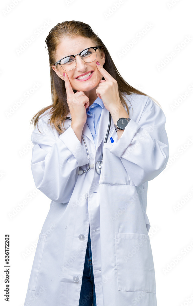 Middle age mature doctor woman wearing medical coat over isolated background Smiling with open mouth, fingers pointing and forcing cheerful smile Middle age mature doctor woman wearing medical coat over isolated background Smiling with open mouth, fingers pointing and forcing cheerful smile