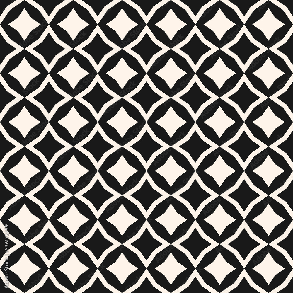 Vector abstract diamond seamless pattern. Stylish black and white background. Simple geometric ornament with floral silhouettes, stars, rhombuses, square grid. Modern graphic texture. Repeat design Vector abstract diamond seamless pattern. Stylish black and white background. Simple geometric ornament with floral silhouettes, stars, rhombuses, square grid. Modern graphic texture. Repeat design