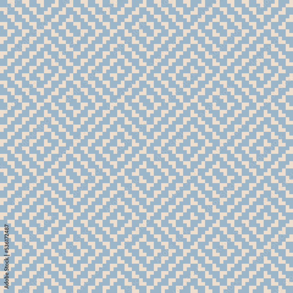 Vector geometric seamless pattern. Ethnic tribal style ornament. Abstract graphic background with squares. Simple embroidery texture. Plaid pattern. Blue and beige color. Retro vintage repeat design Vector geometric seamless pattern. Ethnic tribal style ornament. Abstract graphic background with squares. Simple embroidery texture. Plaid pattern. Blue and beige color. Retro vintage repeat design