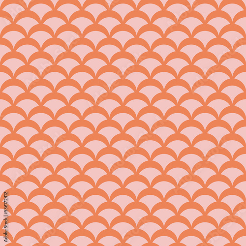 Vector geometric seamless pattern in retro vintage style. Simple abstract pink and orange background with curved shapes, fish scale, peacock ornament, mesh. Subtle minimal geo texture. Repeat design
