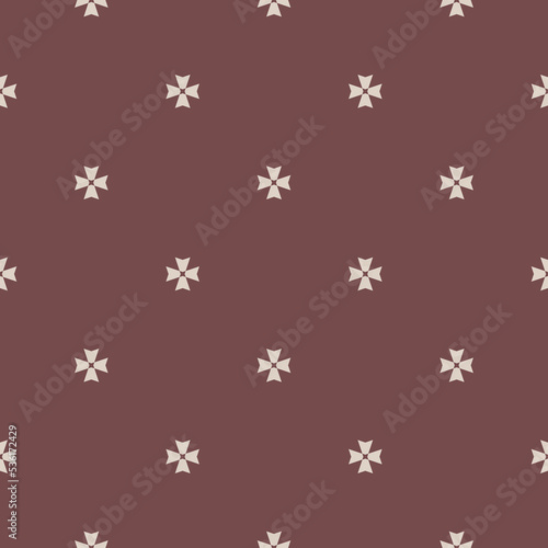 Vector geometric floral ornament. Simple minimalist seamless pattern. Ornamental texture with small flower shapes  cross. Brown and beige abstract background. Retro style repeat decorative design