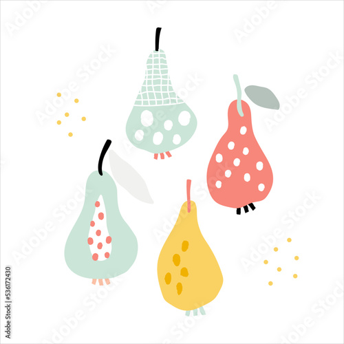 Vector illustration of yellow pears isolated on white. Hand-drawn vector pears set. Trendy fruit illustration for print design. 