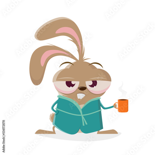 funny cartoon rabbit in bathrobe with cup of coffee