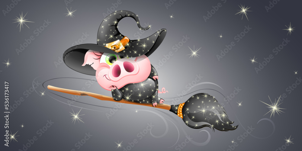 Naklejka premium Funny cute lying on broom and flying on it cartoon witch pig. 