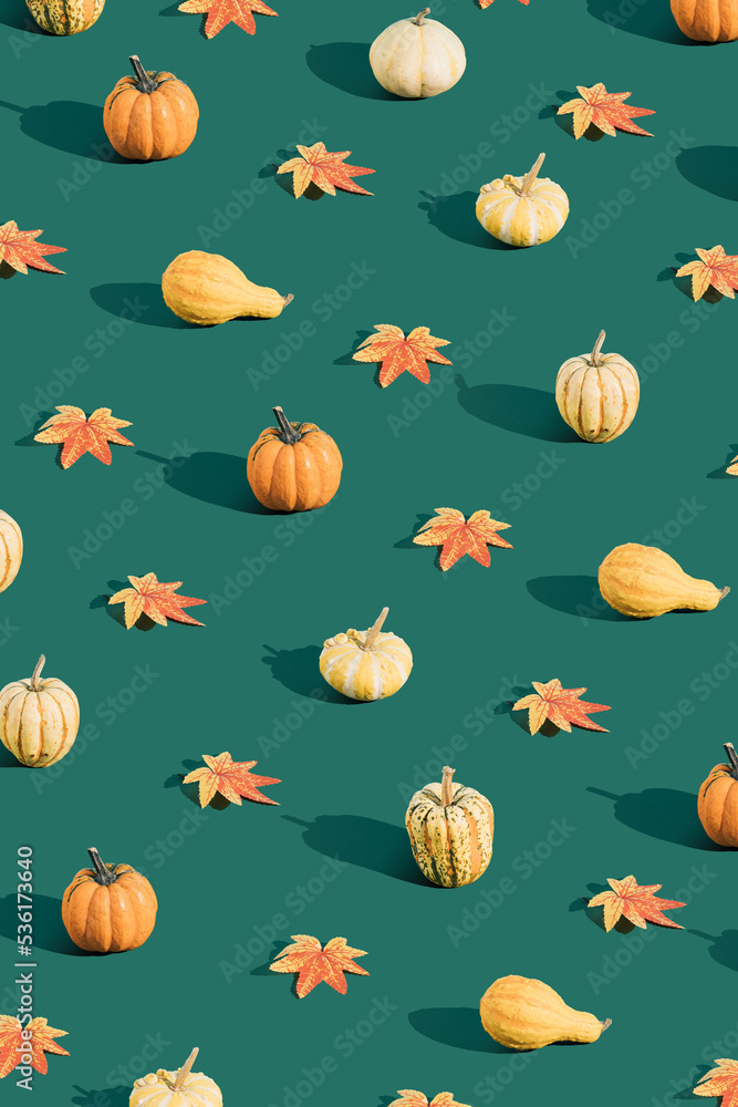 Creative Halloween pattern with colorful natural pumpkins and autumn leaves on a green background. Creative Halloween pattern with colorful natural pumpkins and autumn leaves on a green background.