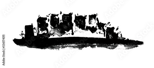 A ruined abstract city. An ink - drawn illustration