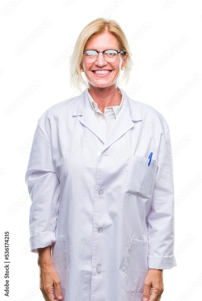 Middle age blonde therapist woman wearing white coat over isolated background with a happy and cool smile on face. Lucky person. Middle age blonde therapist woman wearing white coat over isolated background with a happy and cool smile on face. Lucky person.