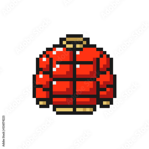 Winter down jacket icon in pixel art design isolated on white background.