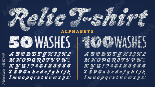 A pair of special effects alphabets with a weathered, cracked and worn silk-screen t-shirt print effect. Retro 1960s or 1970s font vibe for faux vintage tees or hoodies.