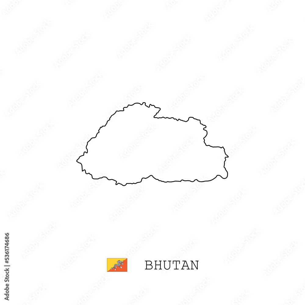 Bhutan vector map outline, line, linear. Bhutan black map on white background. Bhutan flag