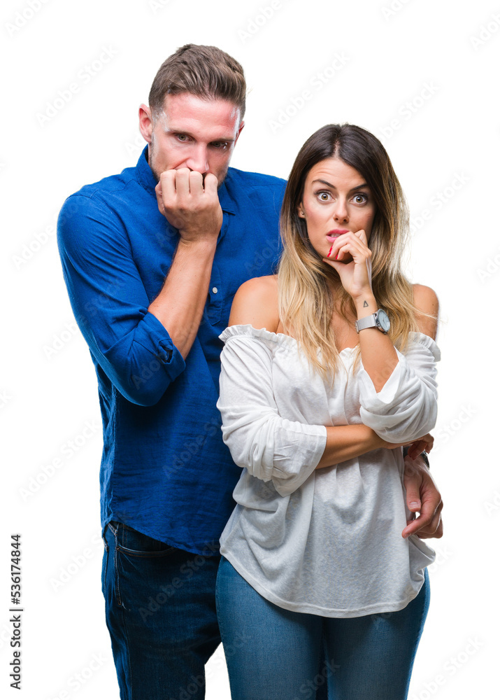 Young couple in love over isolated background looking stressed and nervous with hands on mouth biting nails. Anxiety problem. Young couple in love over isolated background looking stressed and nervous with hands on mouth biting nails. Anxiety problem.