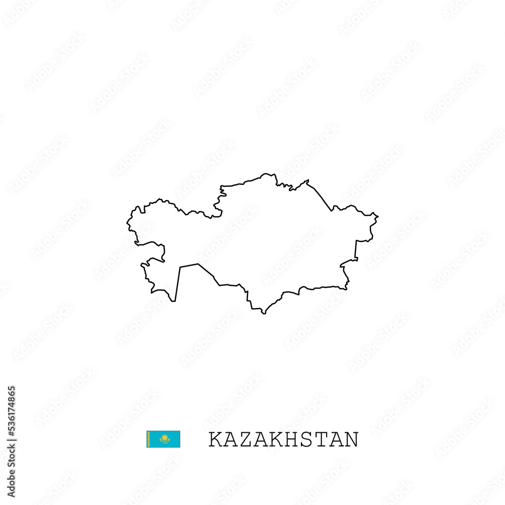 Kazakhstan vector map outline, line, linear. Kazakhstan black map on white background. Kazakhstan flag
