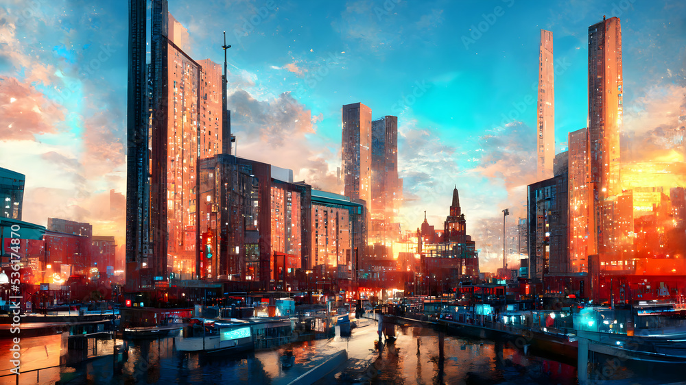 Cyberpunk town, futuristic city at evening, dystoptic artwork, 4k
