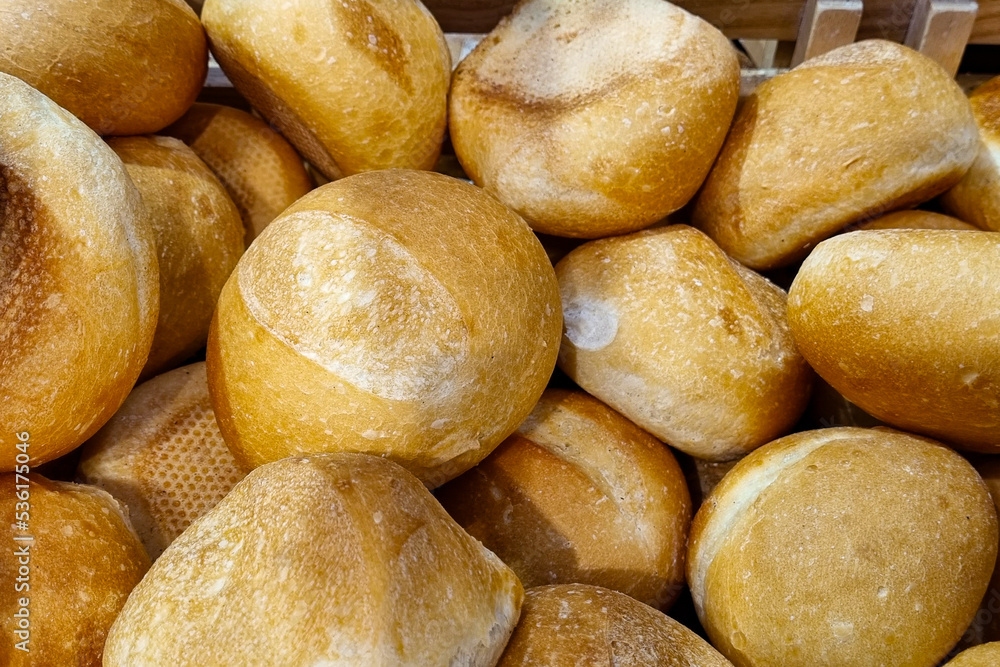 Bread on display in a bakery.