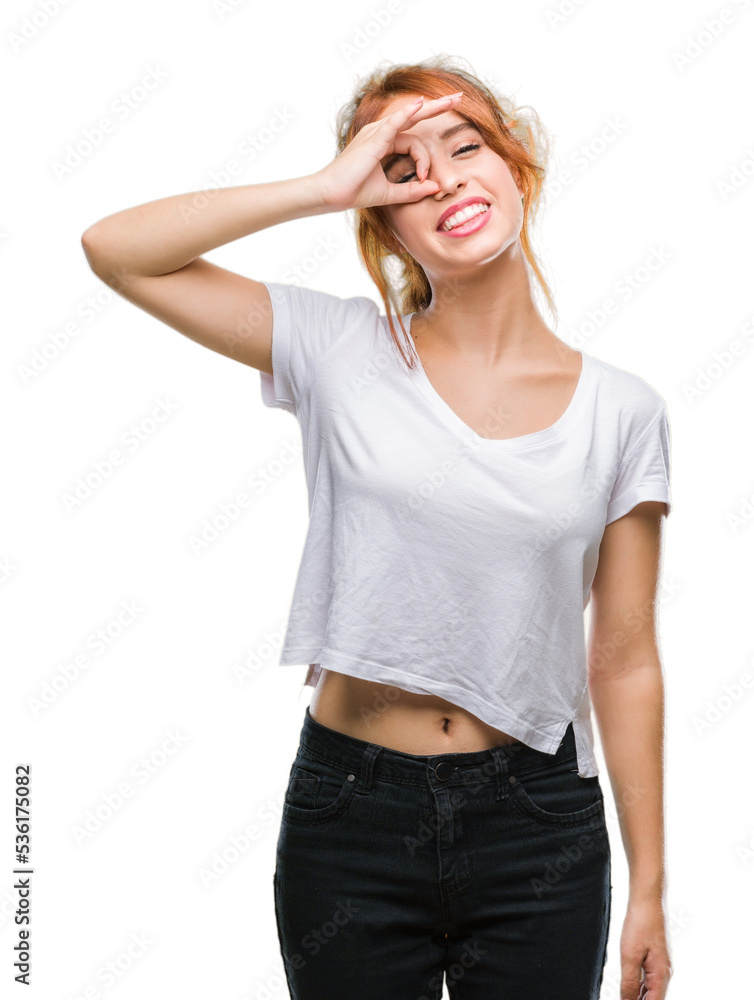 Young beautiful woman over isolated background doing ok gesture with hand smiling, eye looking through fingers with happy face. Young beautiful woman over isolated background doing ok gesture with hand smiling, eye looking through fingers with happy face.