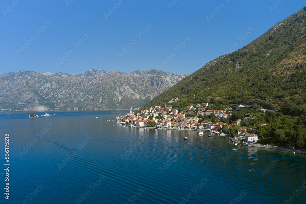 Aerial view of coastal town of Perast in Montenegro, seascape with small town