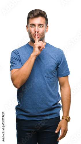 Young handsome man over isolated background asking to be quiet with finger on lips. Silence and secret concept.